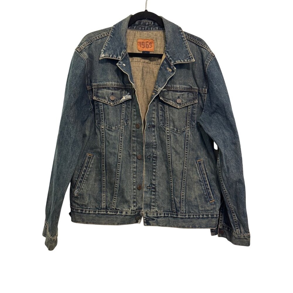 Gap 1969 Denim Jacket Mens Size L Button-Up Distressed Medium Wash Blue Cotton